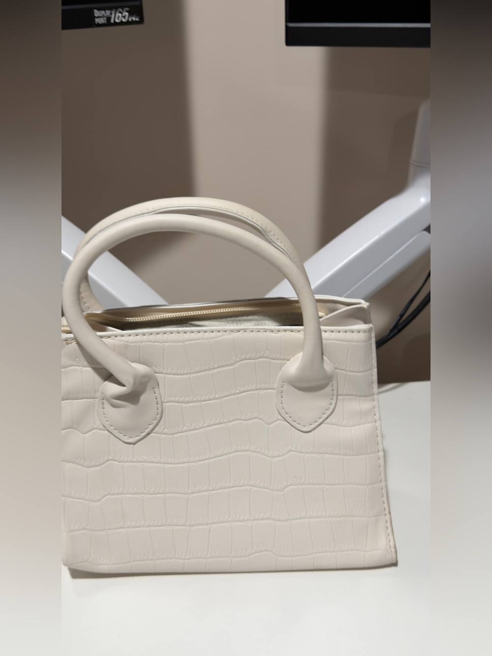 Structured Cream Croc-Embossed Top-Handle Bag - Picture 3 of 6